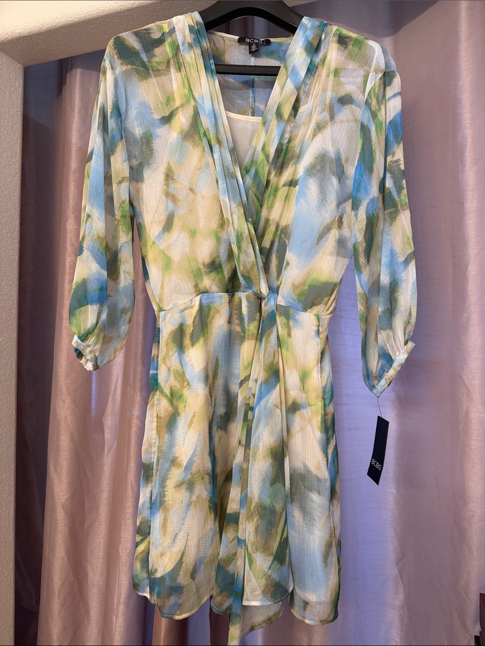 BCBGMaxAzria Green, Blue & White Watercolor Wrap-Style Mini Dress